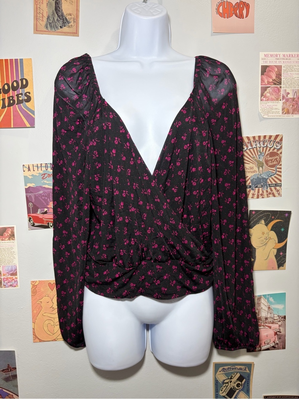 Free People Black Wrap Blouse with Fuchsia Floral Print